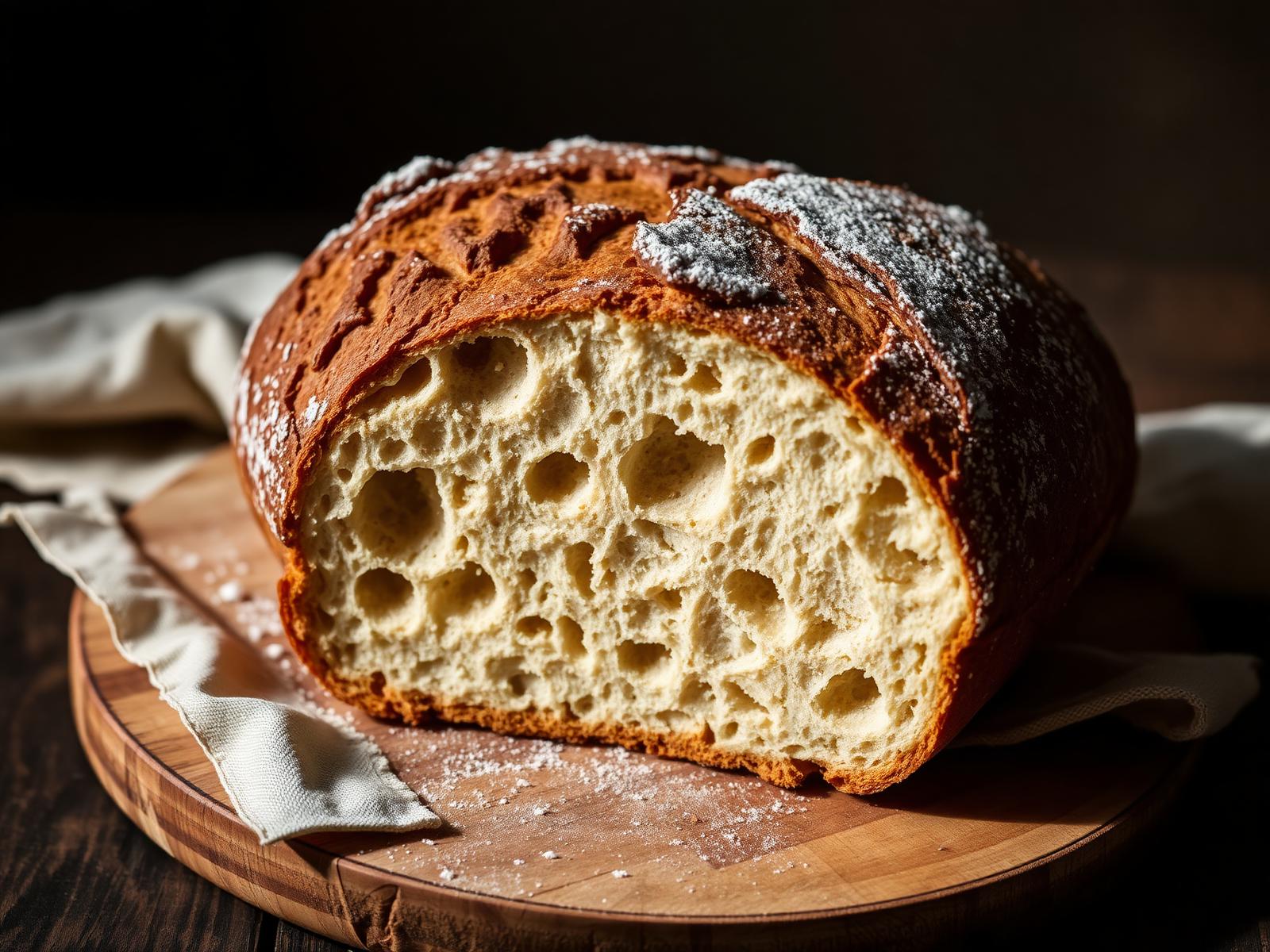 Sourdough recém-assado com miolo aberto sobre tábua de madeira