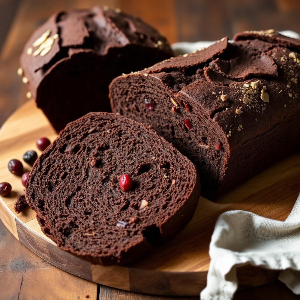 Pão sourdough escuro de cacau com cranberries no miolo, fatiado sobre tábua rústica